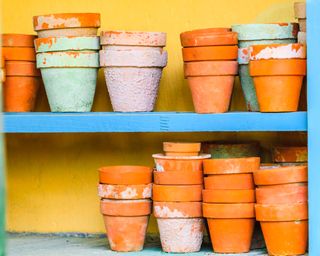A selection of various terracotta pots stacked