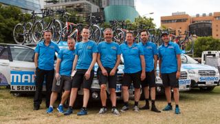 The Shimano Neutral Service team for the 2016 Tour Down Under. Three Aussies and five from Belgium (Tom Class, motorbike rider not pictured)