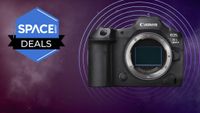 The Canon R5 Mark II with Space background and deal logo