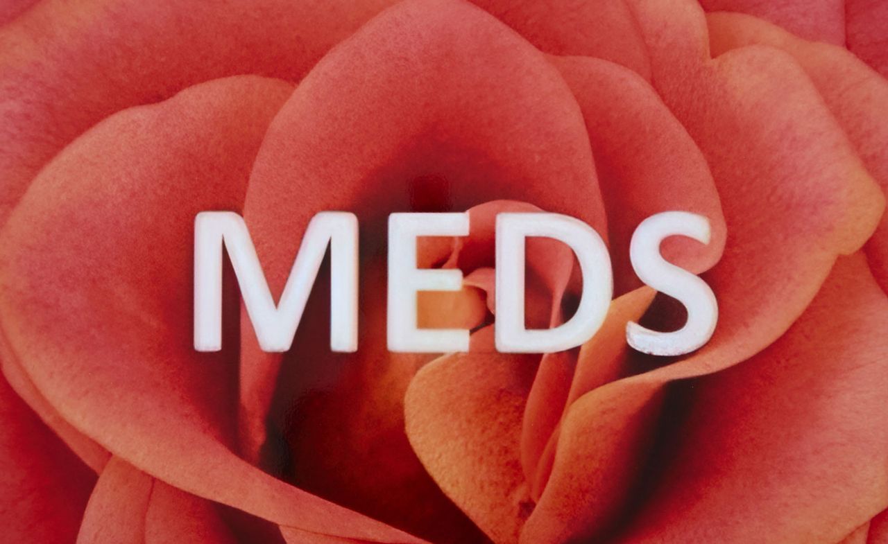 collage by Penny Goring: close-up of rose with word MEDS