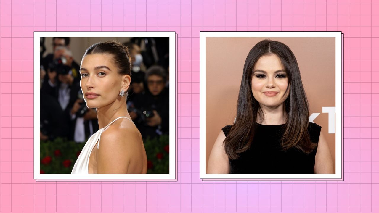 Selena Gomez Hailey Bieber drama: Hailey pictured wearing a white silk dress at the Met Gala, alongside a snap of Selena wearing a black dress at the ariety&#039;s 2022 Hitmakers brunch at City Market Social House on December 03, 2022 in Los Angeles, California/ in a pink and purple template