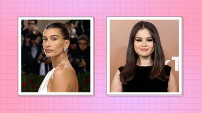 Selena Gomez Hailey Bieber drama: Hailey pictured wearing a white silk dress at the Met Gala, alongside a snap of Selena wearing a black dress at the ariety's 2022 Hitmakers brunch at City Market Social House on December 03, 2022 in Los Angeles, California/ in a pink and purple template