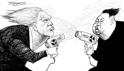 Political cartoon World Trump Kim Jong-Un North Korea nuclear war