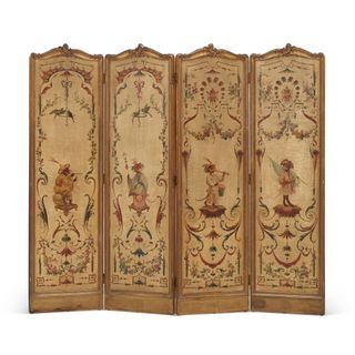 A French Giltwood Four-Panel Painted Canvas Singerie Floor Screen