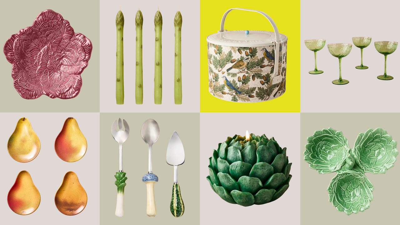 An eight product box image of various thanksgiving table decor items from the John Derian x Target collab. There are things like asparagus candle sticks, cabbage plates, pear-shaped dessert plates, and green coupe glasses. 