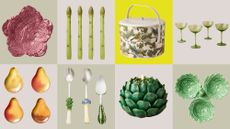 An eight product box image of various thanksgiving table decor items from the John Derian x Target collab. There are things like asparagus candle sticks, cabbage plates, pear-shaped dessert plates, and green coupe glasses. 