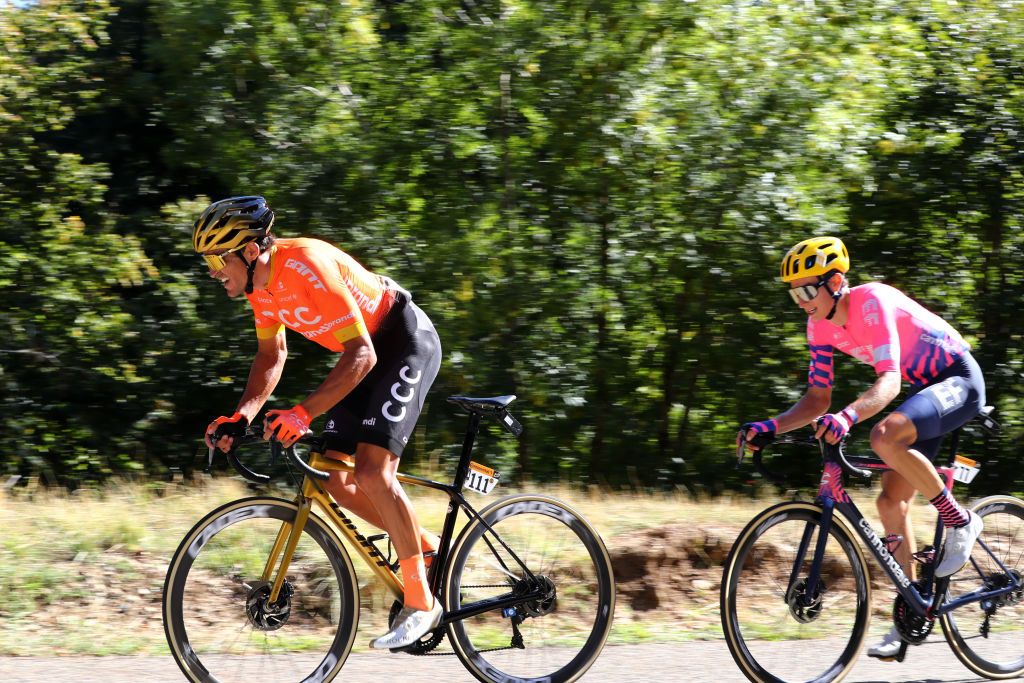 GARD FRANCE SEPTEMBER 03 Greg Van Avermaet of Belgium and CCC Team Neilson Powless of The United States and Team EF Pro Cycling during the 107th Tour de France 2020 Stage 6 a 191km stage from Le Teil to Mont AigoualGard 1560m TDF2020 LeTour on September 03 2020 in Gard France Photo by Michael SteeleGetty Images