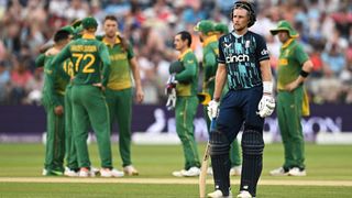 England's Joe Root wait for the new batsman to arrive after England's Moeen Ali was dismissed for three during the first One Day International (ODI) cricket match between England and South Africa