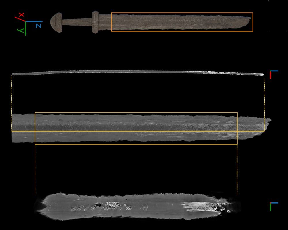 Researchers analyzed three Viking swords: The orange rectangle shows the area investigated. The center image is a 3D rendering created from scans of the sword, with corrosion shown in white.