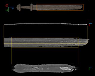 Researchers analyzed three Viking swords: The orange rectangle shows the area investigated. The center image is a 3D rendering created from scans of the sword, with corrosion shown in white.