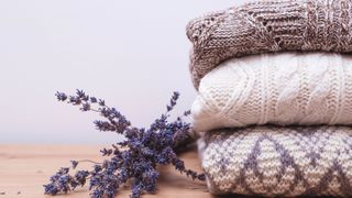 Lavender next to pile of sweaters
