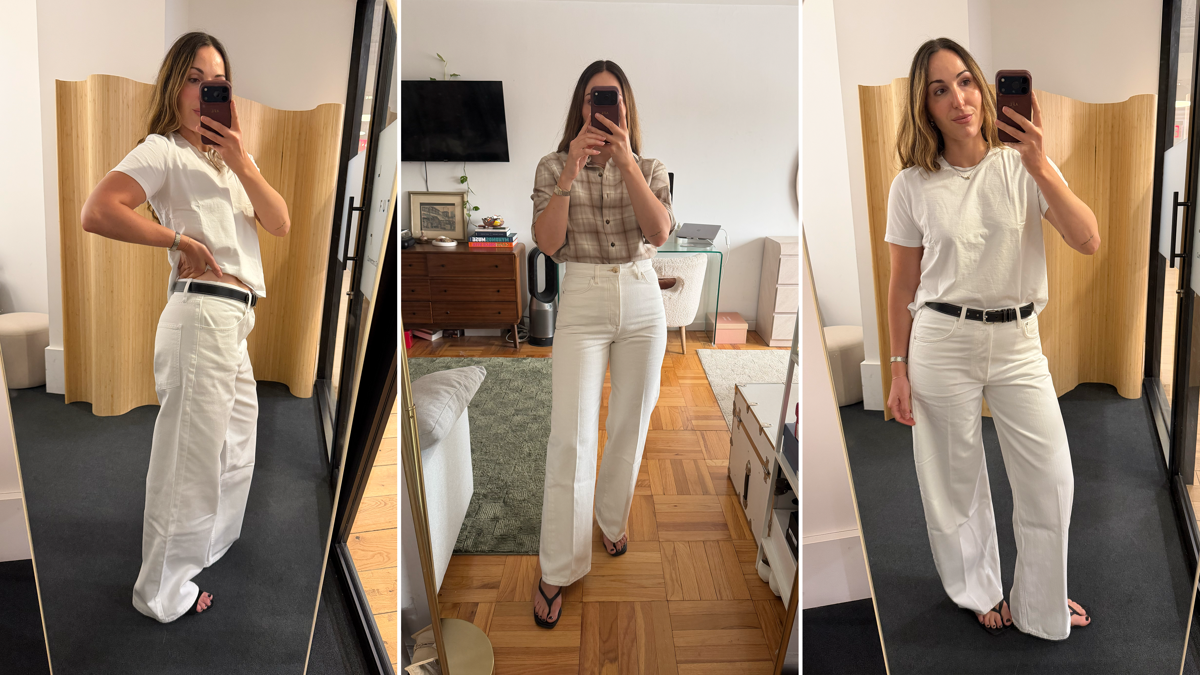 senior fashion editor Anna LaPlaca trying on and reviewing the best white jeans for 2026