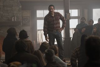 gabriel luna speaking in front of a crowd in the last of us season 2