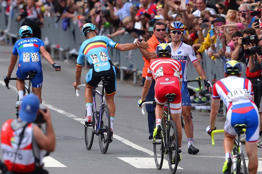 Tom Boonen (Belgium) congratulates Peter Sagan (Slovakia) for his win