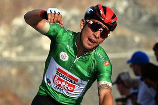 Caleb Ewan (Lotto Soudal) punches the air in delight after winning at Hatta Dam on stage 2 of the 2020 UAE Tour