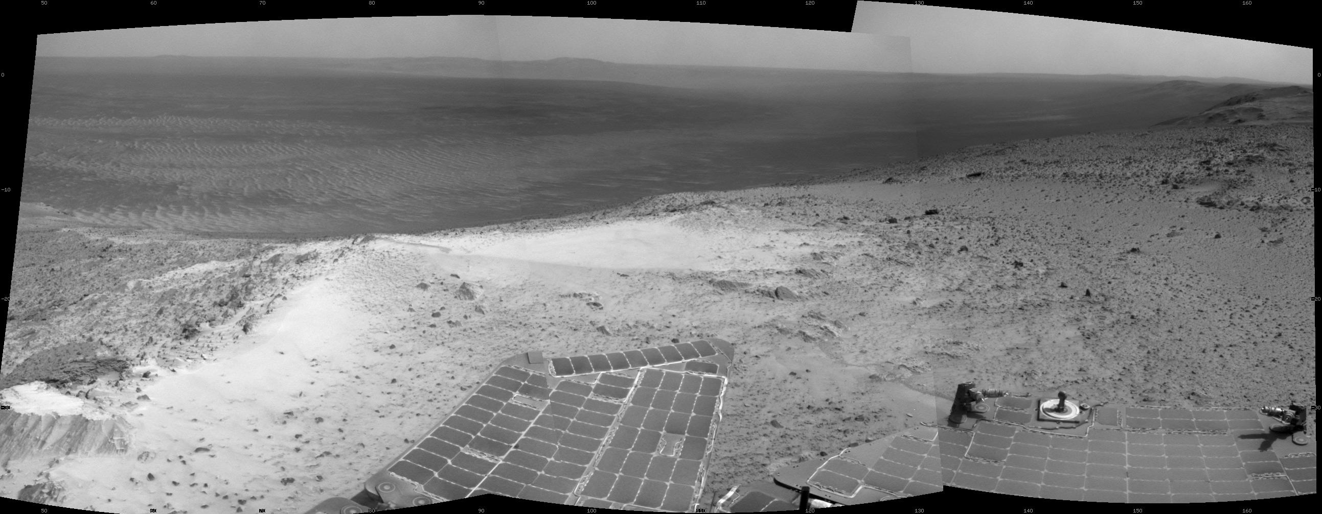 NASA&#039;s Opportunity Mars rover captured this view from the summit of &quot;Cape Tribulation,&quot; on the western rim of Endeavour Crater, on Jan. 6, 2015.