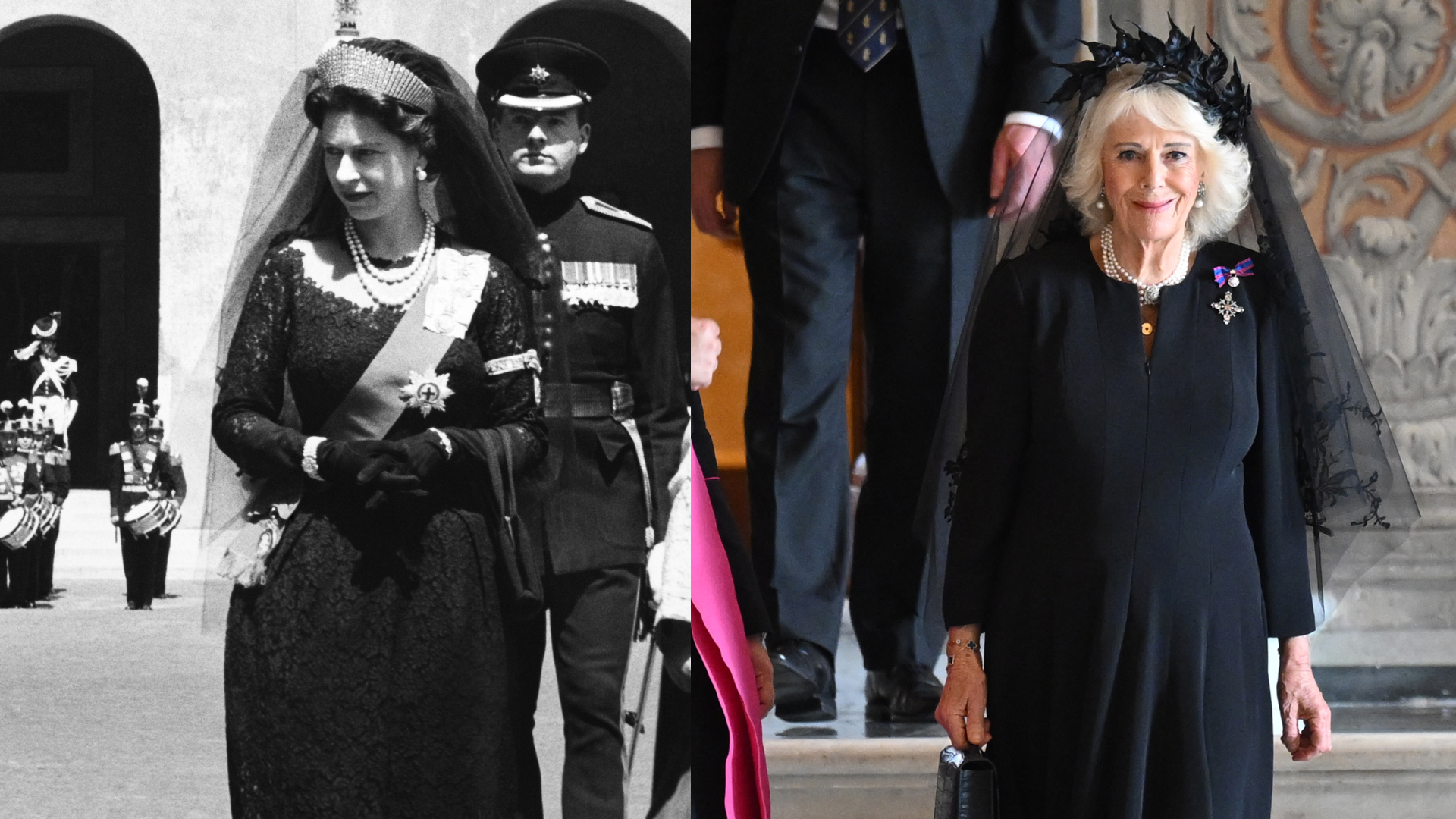 Queen Elizabeth and Queen Camilla both wearing black veils and dresses at the Vatican