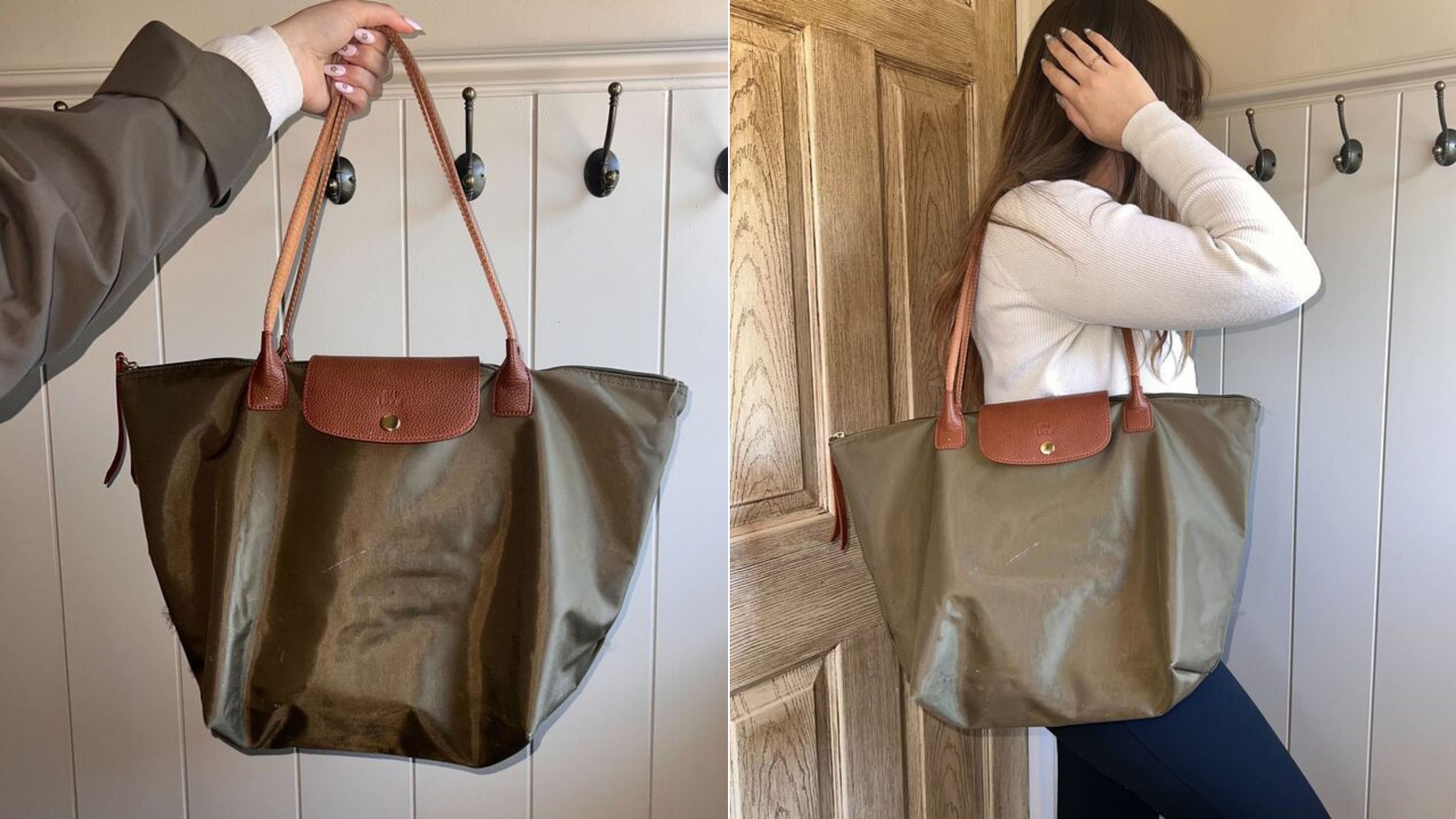 Layla Al-Ani wearing the Longchamp tote bag dupe while holding it up.