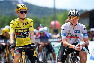 Jonas Vingegaard and Tadej Pogacar await the start of stage 19 of the 2023 Tour de France