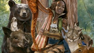 A Bard from D&D plays the harp in front of an array of animals