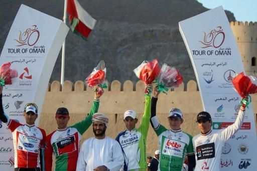Stage winner Vincenzo Nibali (Liquigas-Cannondale) and the rest of the wearers of the leaders' jerseys.