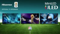 Three Hisense TVs (U6, U7 and U6 Pro) on a football pitch with a World Cup ball in front of them.