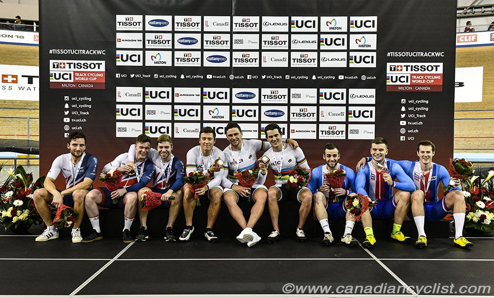 Men Team Sprint Podium: Great Britain, New Zealand, Czech Republic