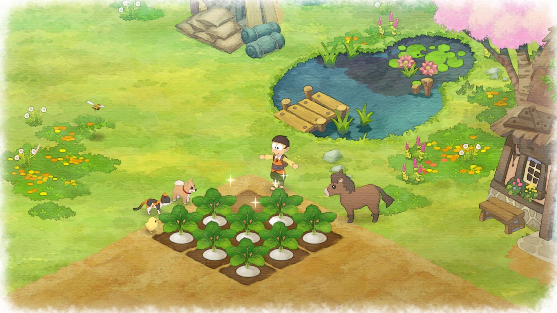 Doraemon Story of Seasons - Noby and a horse look at a small patch of parsnips