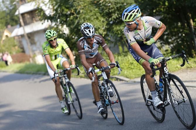 Christian Meier (Orica-GreenEdge) leads the last of the riders left in the breakaway