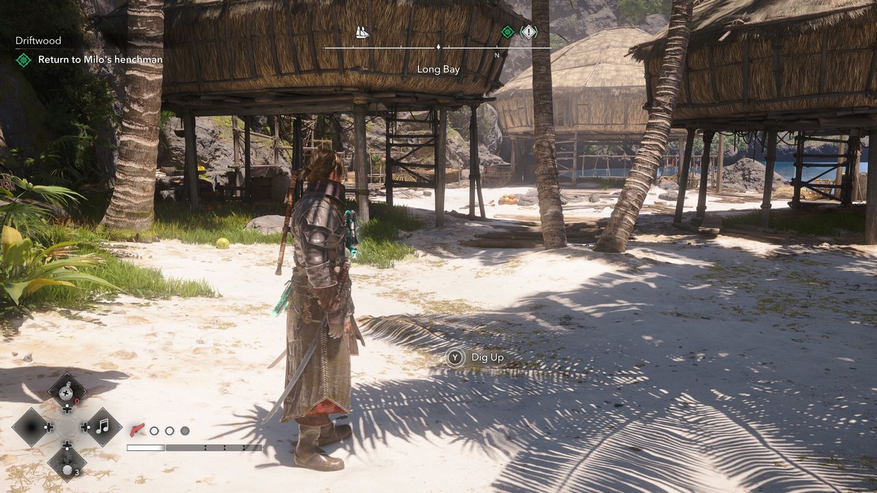 Black Flag treasure maps: Edward standing next to palm trees and raised huts on a tropical island.