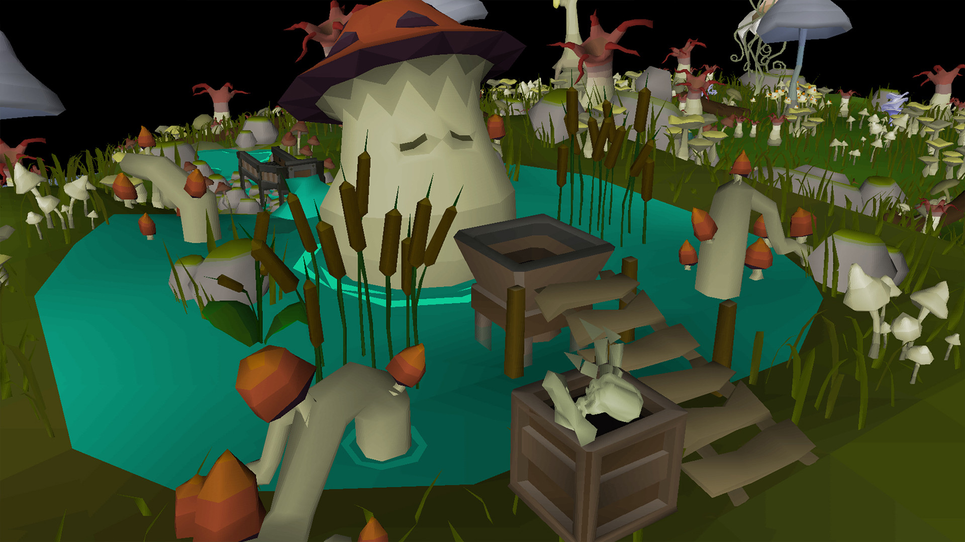 Runescape screenshot showing wooden steps up to giant mushroom man in pond.
