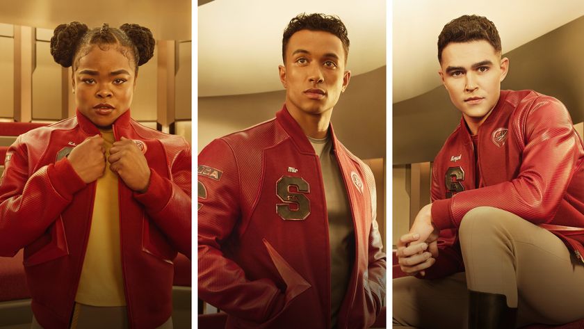 Sam (Kerrice Brooks), Caleb Mir (Sandro Rosta), and Darem Reymi (George Hawkins) from Star Trek: Starfleet Academy.