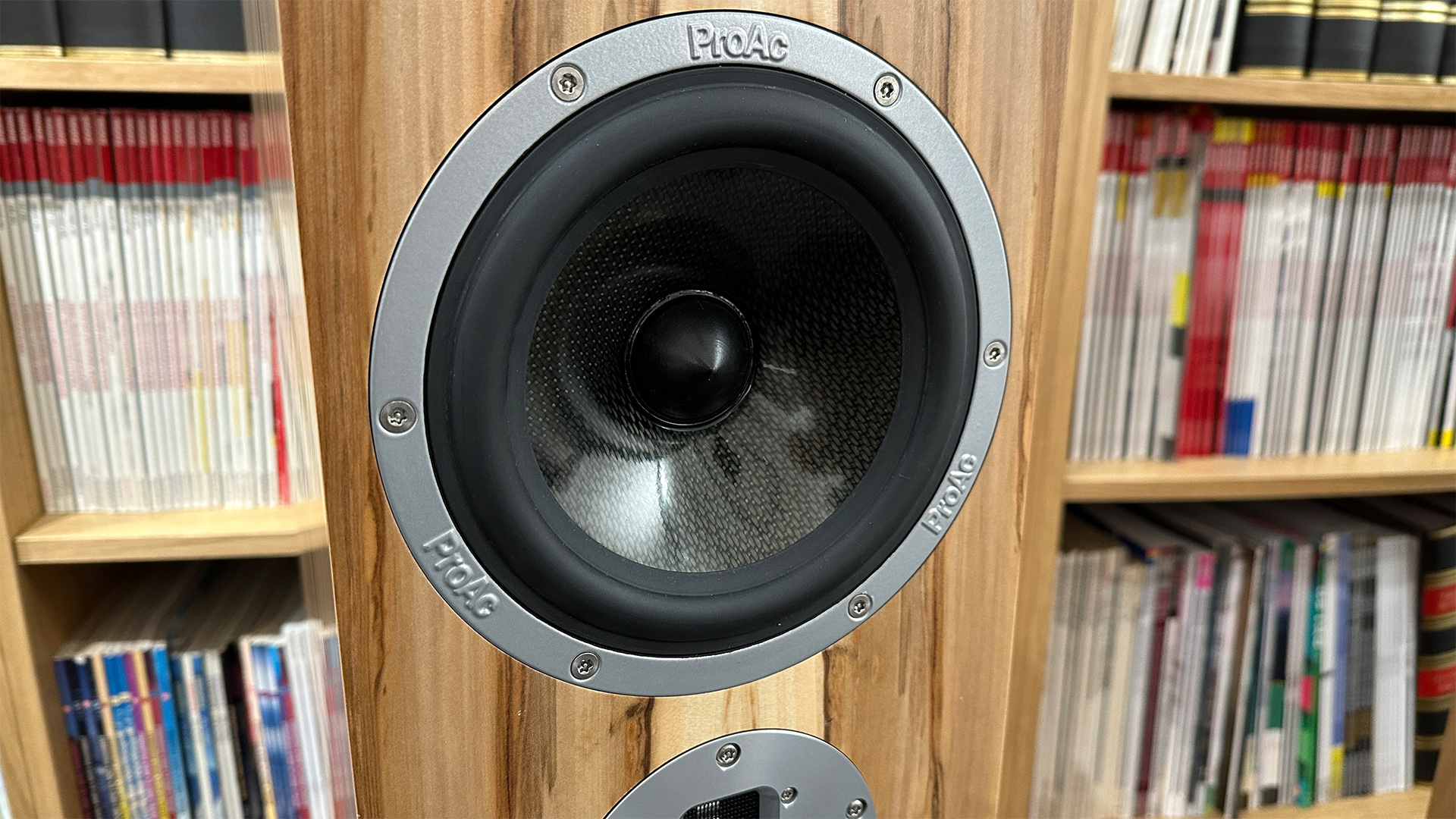 ProAc K3 floorstanding speakers in front of bookcase close-up on mid/range driver
