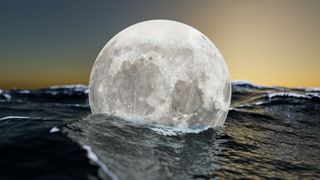 Surreal seascape with beautiful nebula, silver full moon and shimmering sea surface in fisheye view, 3d illustration.