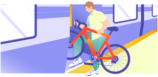 Ilustración de un hombre subiendo una bicicleta a un tren