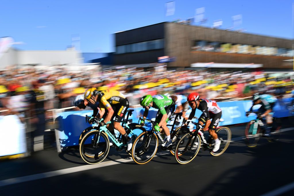 POITIERS FRANCE SEPTEMBER 09 Sprint Arrival Caleb Ewan of Australia and Team Lotto Soudal Sam Bennett of Ireland and Team Deceuninck QuickStep Green Points Jersey Peter Sagan of Slovakia and Team Bora Hansgrohe Wout Van Aert of Belgium and Team Jumbo Visma Bryan Coquard of France and Team BB Hotels Vital Concept Mads Pedersen of Denmark and Team Trek Segafredo during the 107th Tour de France 2020 Stage 11 a 1675km stage from ChatelaillonPlage to Poitiers TDF2020 LeTour on September 09 2020 in Poitiers France Photo by Stuart FranklinGetty Images