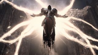 Diablo 4: Der Engel Inarius kommt auf Flügeln aus Licht herab, gekleidet in eine glänzende Rüstung.