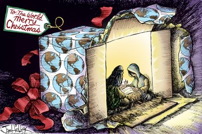 Editorial cartoon U.S. Merry Christmas gift Jesus