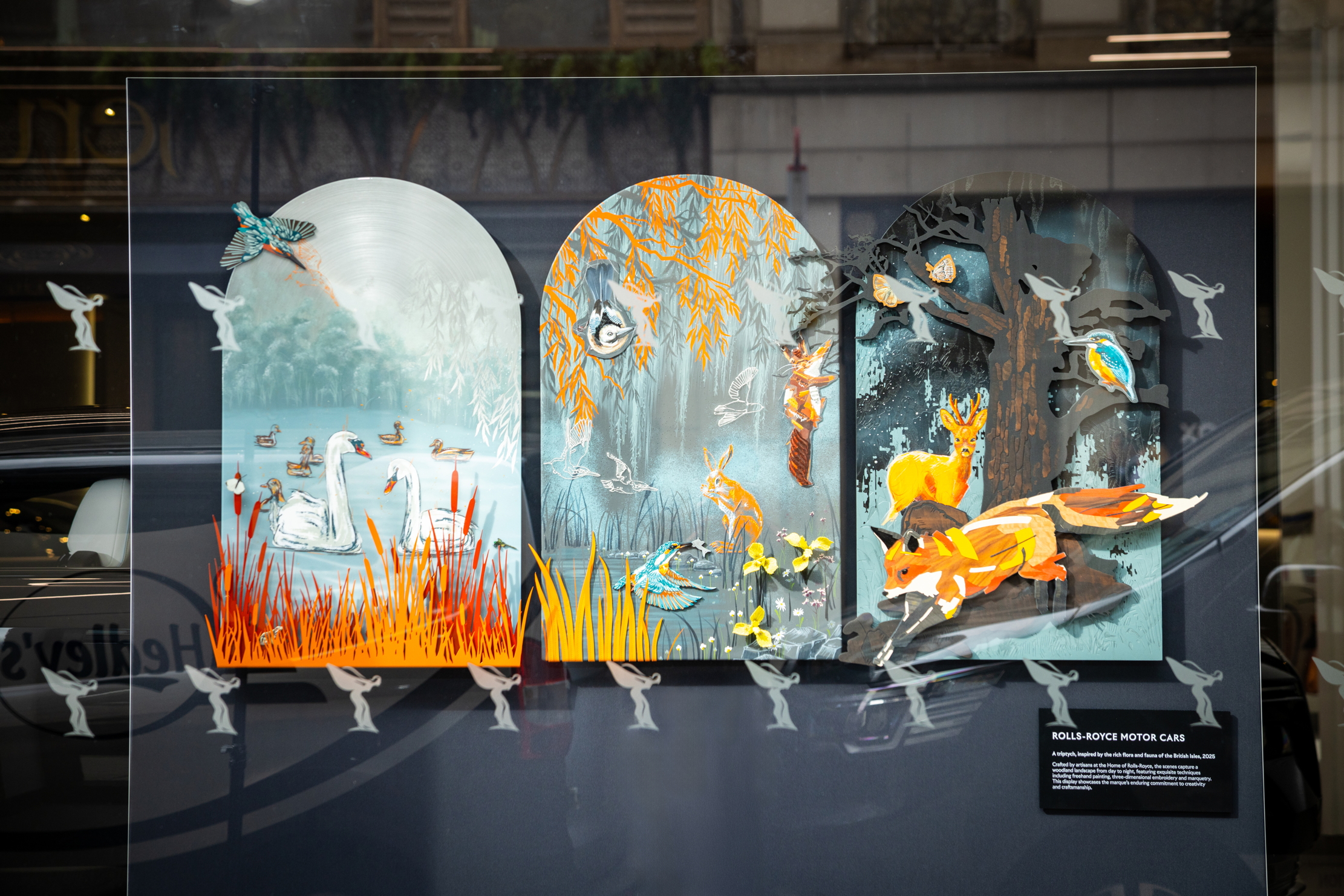 Image of the nature triptych on display at Rolls-Royce Motorcars London for London Craft Week