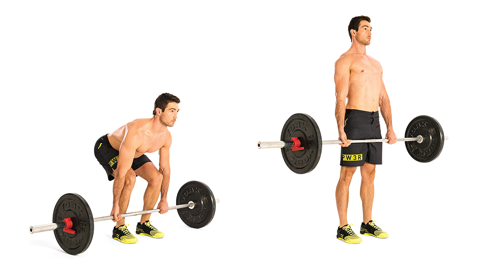 Man demonstrates two positions of the barbell deadlift