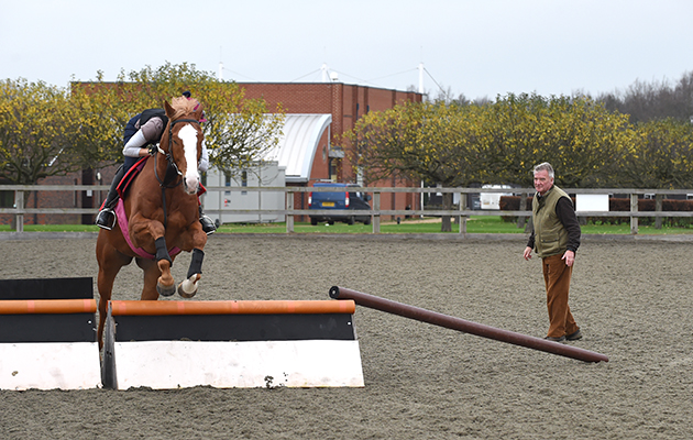Yogi Bresner providing the training on Point-to-Point riding in the menage at the British Racing School in Newmarket in Suffolk, UK on the 3rd December 2015