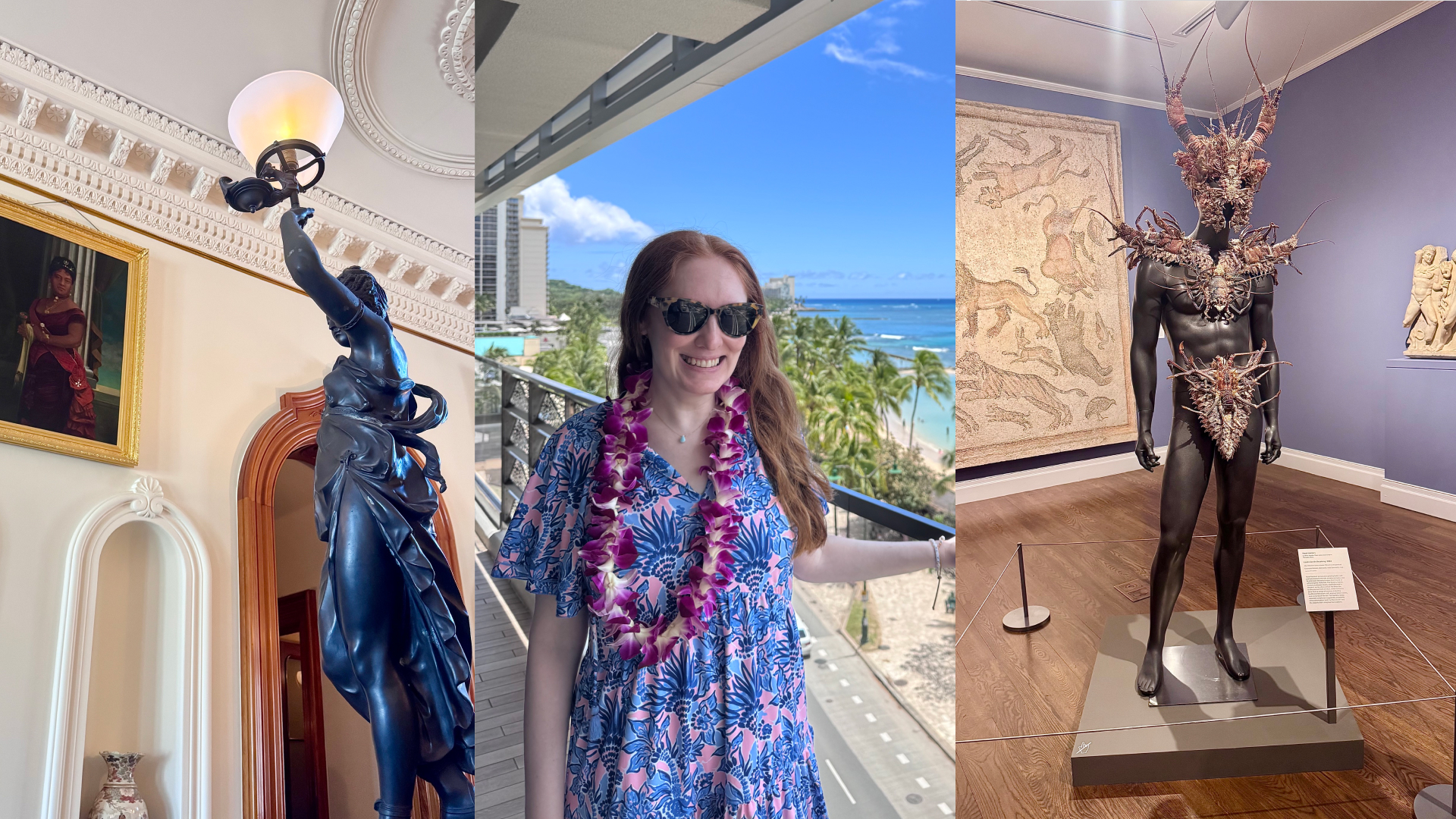 Iolani Palace; Kristin Contino wearing a lei; a sculpture at the Honolulu Museum of Art
