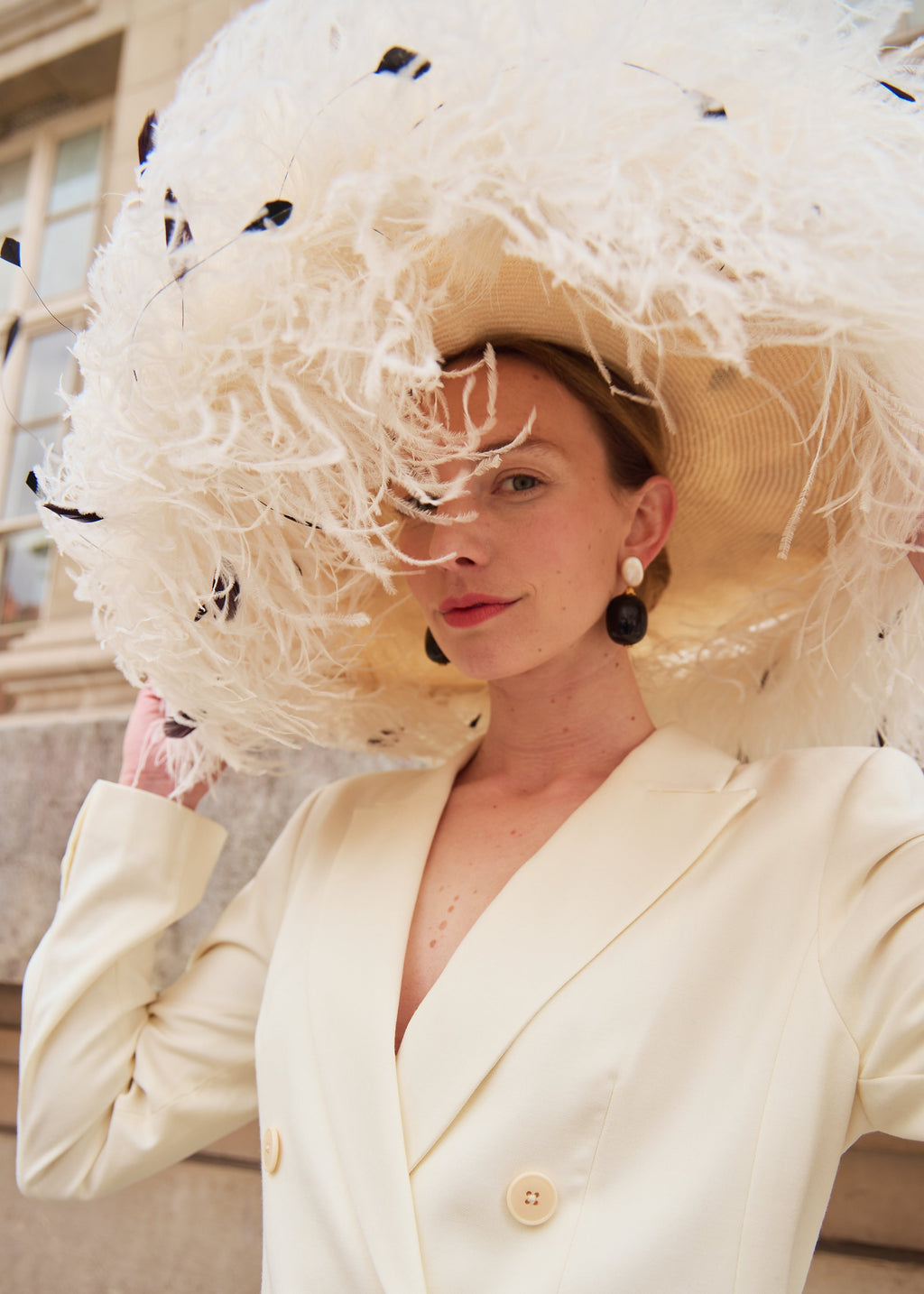 Enid Boater Hat With Feathers in Ivory