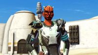 Zabrak bounty hunter in Star Wars: The Old Republic with hands on hips, apparently on Tatooine.