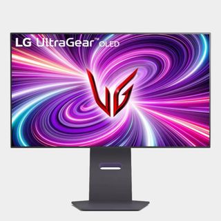 LG UltraGear 32GS95UE-B monitor with grey backdrop