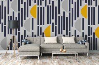 grey and blue and yellow geometric wallpaper by wallsauce
