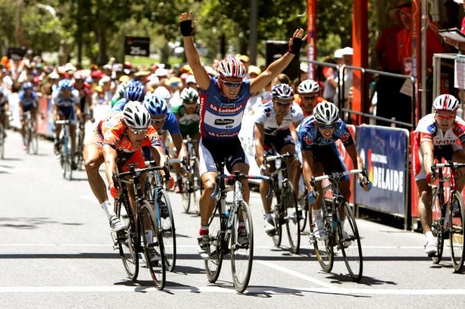 Robbie McEwan celebrates one of his 13 Tour Down Under stage wins