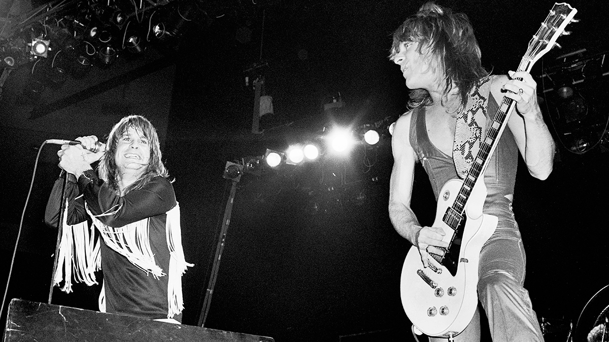 Ozzy Osbourne (left) and Randy Rhoads perform onstage during the Blizzard of Oz tour