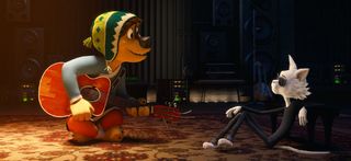 Rock Dog Playing Guitar For A Cool Cat