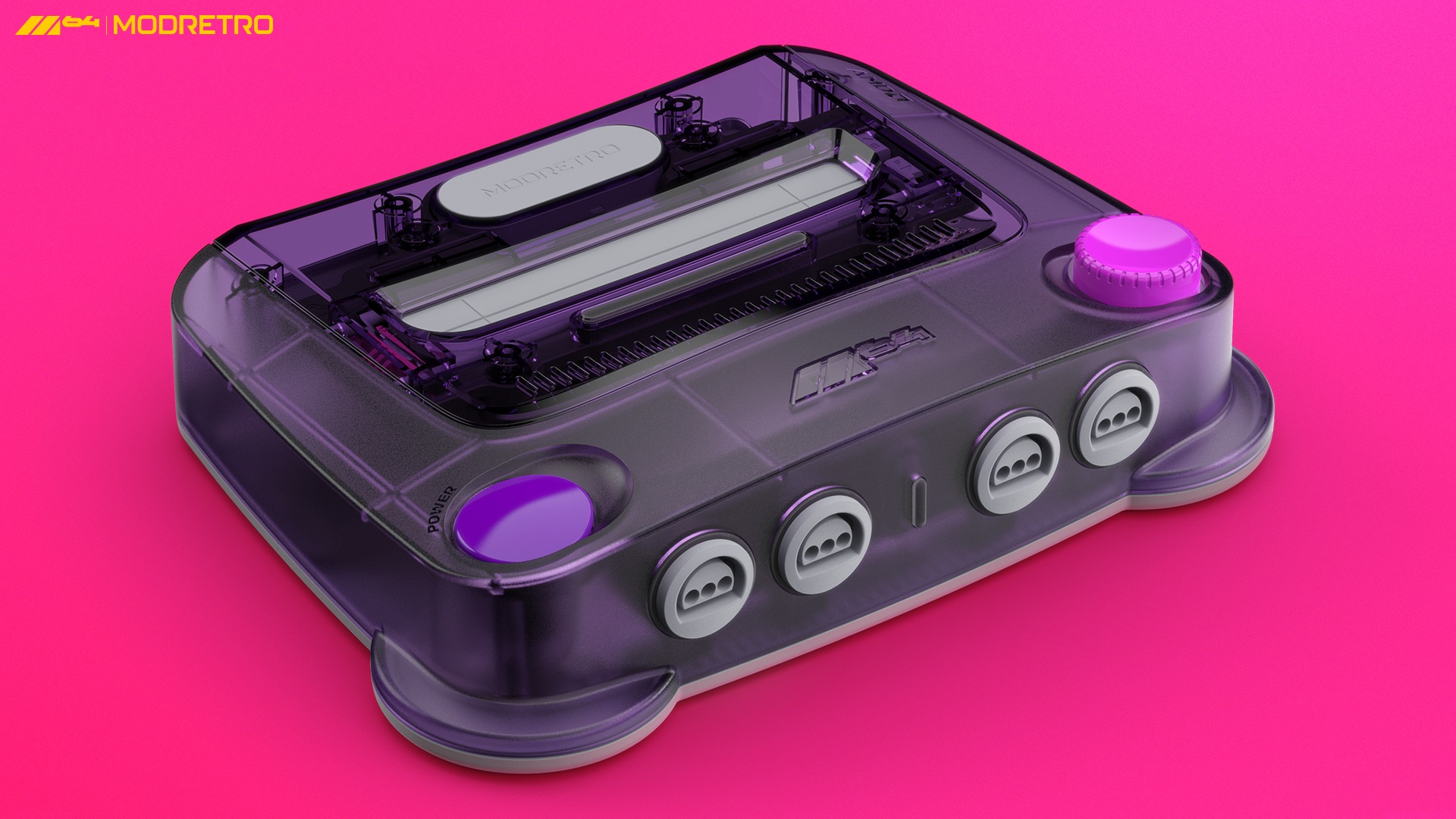 A shot of the ModRetro M64 with a purple cover on a pink background